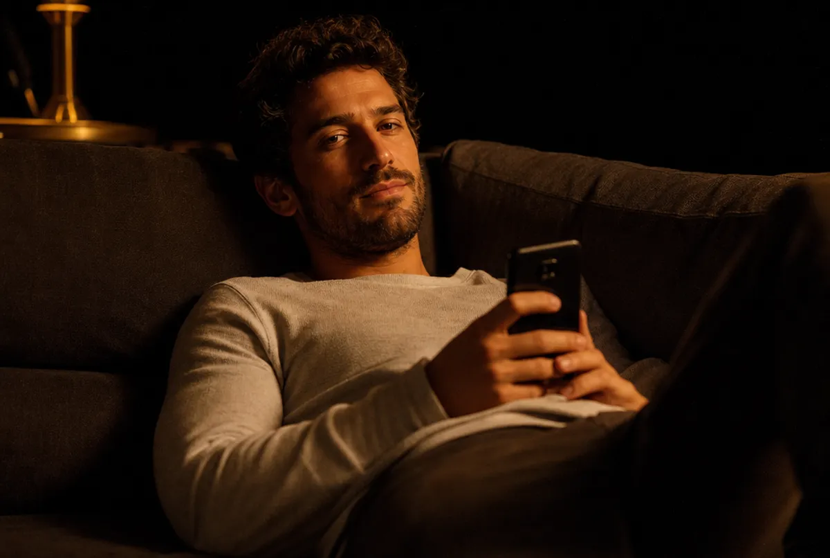 Mann entspannt auf dem Sofa mit Smartphone, Amberlicht